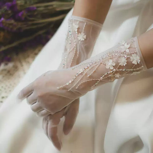 White Bridal Tulle Wedding Gloves – Floral Embellished Gloves